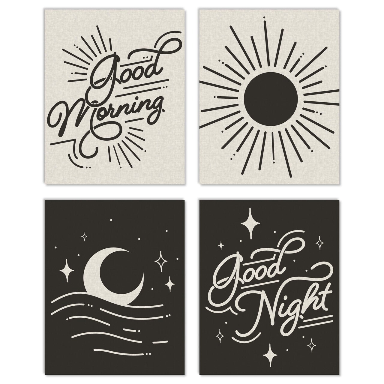 Big Dot of Happiness Good Morning Good Night - Unframed Bedroom Linen Paper Wall Art - Set of 4 - Artisms - 8 x 10 inches